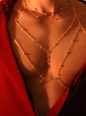 辣妹弹力带镂空项链胸链一体链女时尚夜店性感绑带交叉身体链