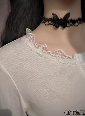 立体蝴蝶项链女锁骨链黑色蕾丝带Choker黑色颈带项圈颈饰颈链饰品