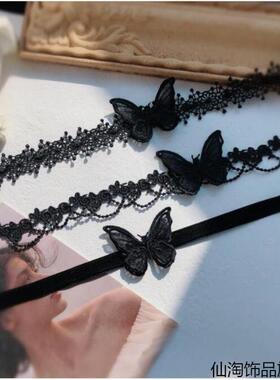 黑色花边蕾丝项链锁骨链气质超仙立体颈链项圈手工饰品