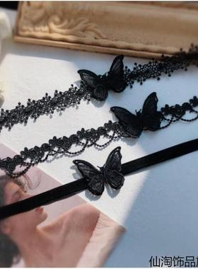 黑色颈带山茶花系带蝴蝶结Choker锁骨链项链仙女风配饰夏季新款潮