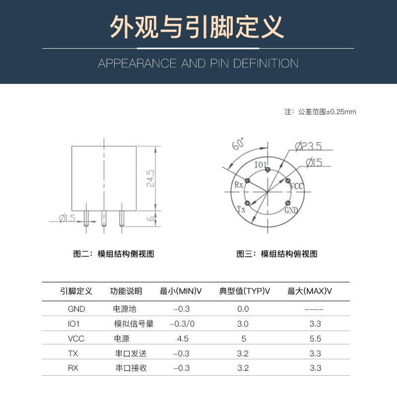 氧气浓度传感器O2气体UART串口数字多种输出环保电化学检测仪模组