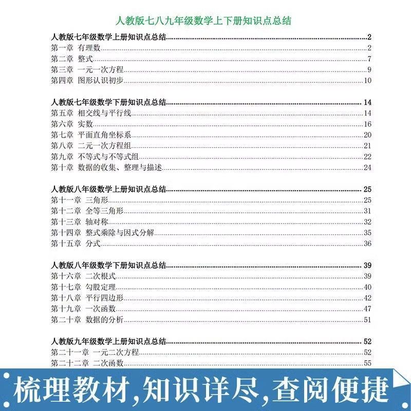 人教版初中数学七八九年级上下册知识点总结中考公式归纳复习资料