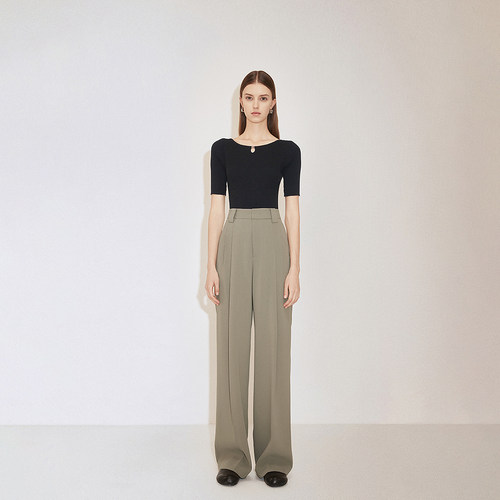 ochirly欧时力仿醋酸阔腿长裤女西装裤垂坠宽松显瘦2025春新款 - 图0