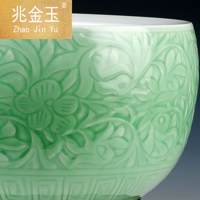 景德镇纯手工雕刻青釉大金陶瓷器 兆金玉摆件