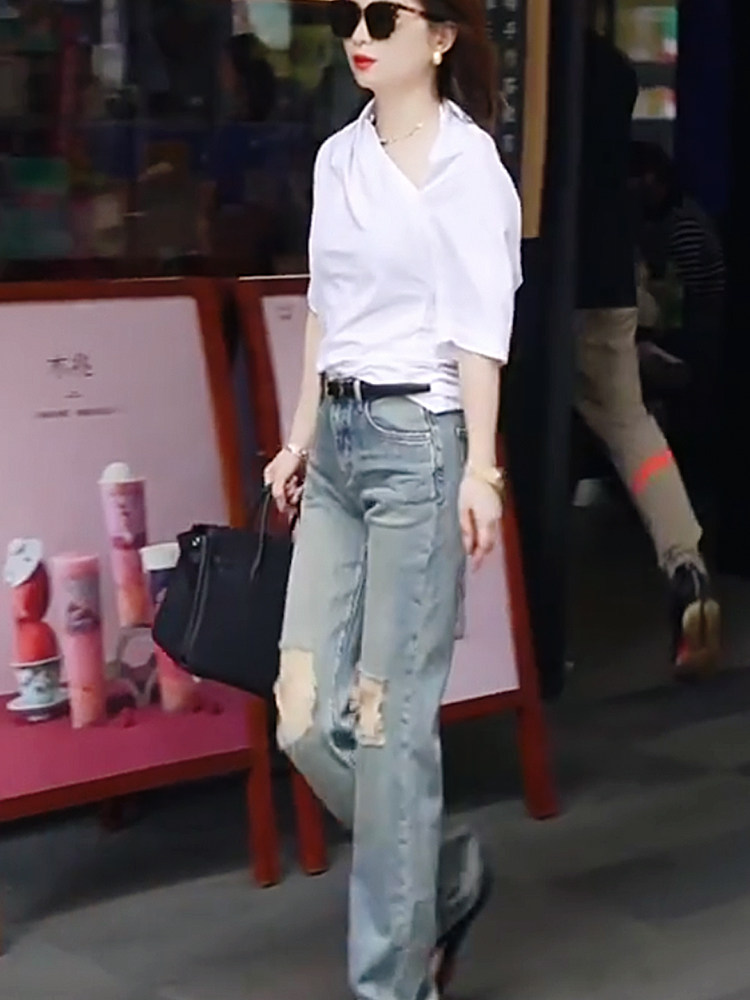 高级感夏季新款显瘦独特设计款白色衬衫时髦破洞牛仔裤两件套女,淘宝优惠券,粉丝福利购,淘宝优惠卷