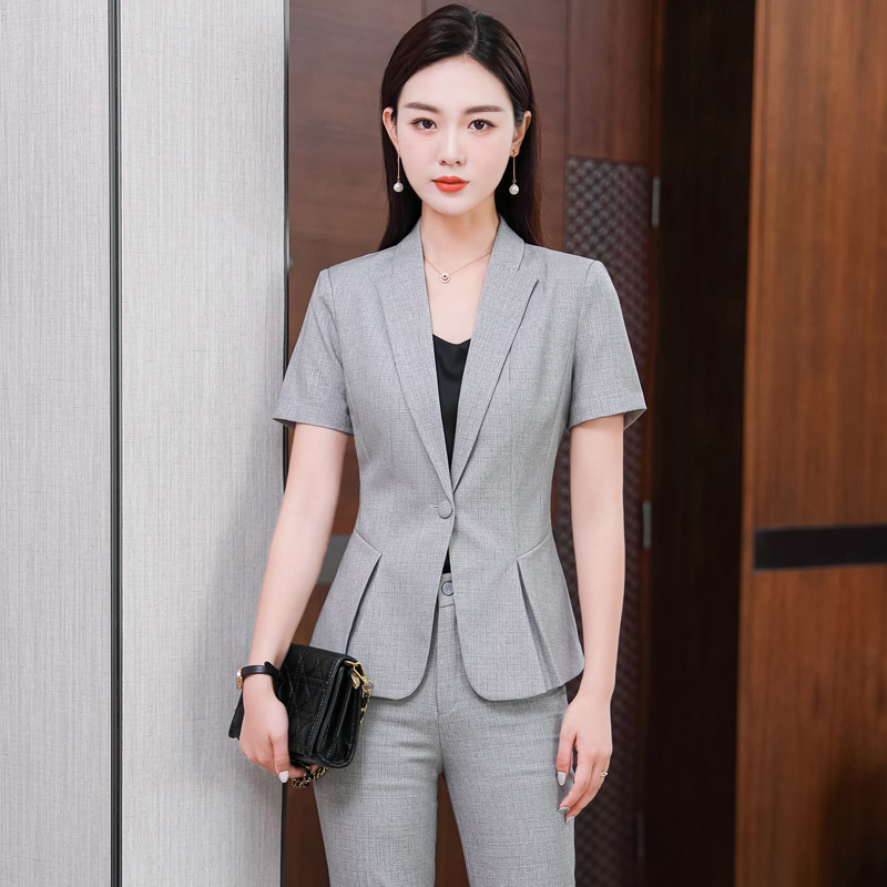 黑色西装外套女薄款夏气质短袖酒店韩版职业套裙一粒扣修身工作服