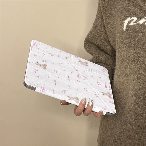 粉色碎花卡通兔子Y+三折适用ipad11保护套air7/6新款ipad10带笔槽11寸防摔10.2/10.9苹果平板保护套mini7女款 - 图3