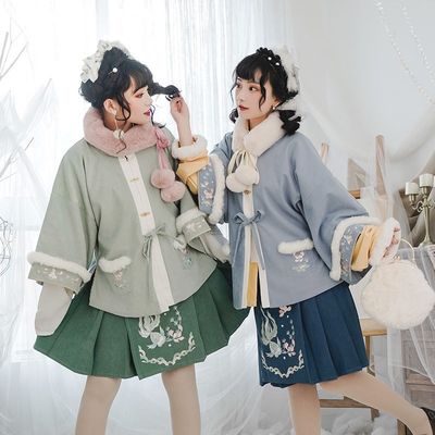 花神记汉服女汉元素中国风秋冬新款加绒加厚毛呢半臂圆领百跌冬裙 虎窝淘