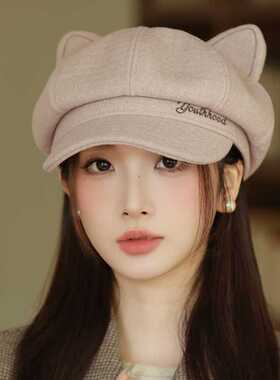 秋冬显脸小大头围猫耳贝雷帽女