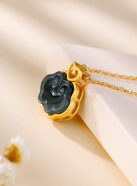 S925纯银镀18K金镶蓝水翡翠吊坠精致如意祥云小巧复古个性潮流女