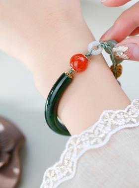 S925纯银镀18K金镶碧玉半镯和田玉多宝绿松精致典雅优雅新中式女