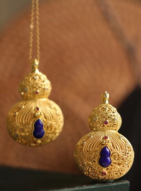 S925纯银镀18k金镶嵌青金石葫芦吊坠复古夸张个性潮流新中式