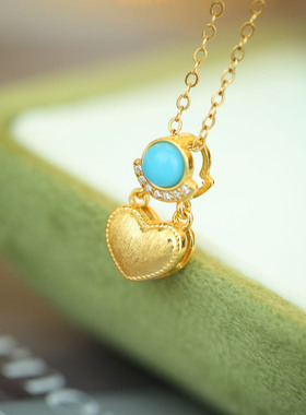 S925银镀18K金合成绿松石爱心耳饰吊坠女复古气质新款耳钉吊坠