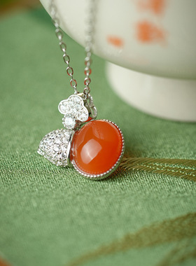 S925银镀18K金南红葫芦新中式轻奢复古宫廷风气质优雅百搭毛衣链