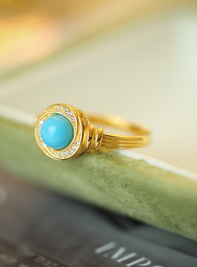 S925纯银镀18k金镶嵌蛋面绿松石戒指轻奢个性风潮流高级气质精致