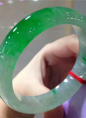 缅甸翡翠手镯冰糯种阳绿飘花翡翠手镯贵妃玉石手镯子女款缅甸宽版