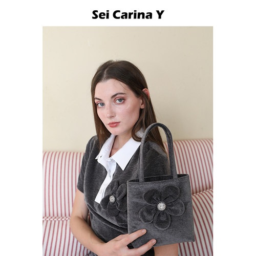 Sei Carina Y手工大花朵细闪丝绒手提包小拎包女新款精致高级感 - 图1