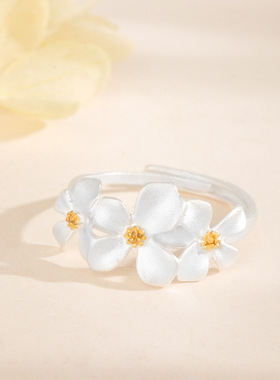 s925纯银栀子花戒指女生轻奢开口戒素圈分色花朵小众高级感食指戒