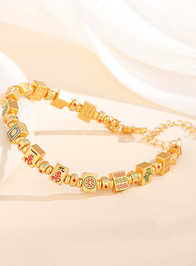 s925纯银麻将牌形十三幺手链女彩色珐琅国潮新款气质个性手环