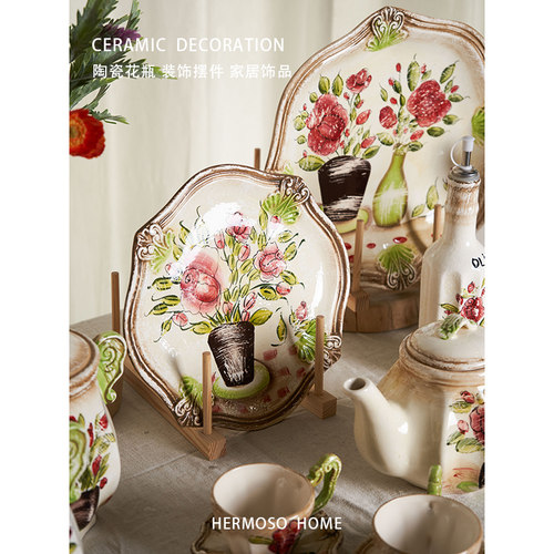HERMOSO 复古美式花瓶摆件陶瓷客厅插花家居饰品陶罐餐桌装饰品旧 - 图3