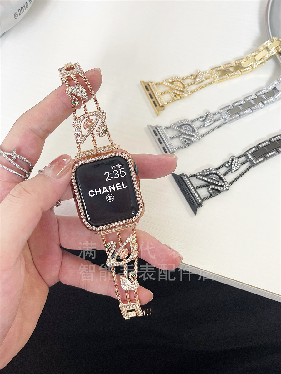 高奢施华洛天鹅镶钻金属适用于苹果appleiwatch78910手表带6543SE - 图0
