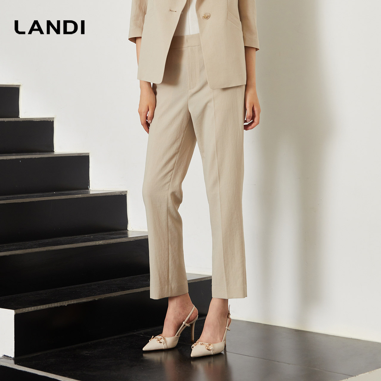 LANDI白茶色通勤修身显瘦直筒高腰西装裤女小个子长裤秋新品,淘宝优惠券,粉丝福利购,淘宝优惠卷