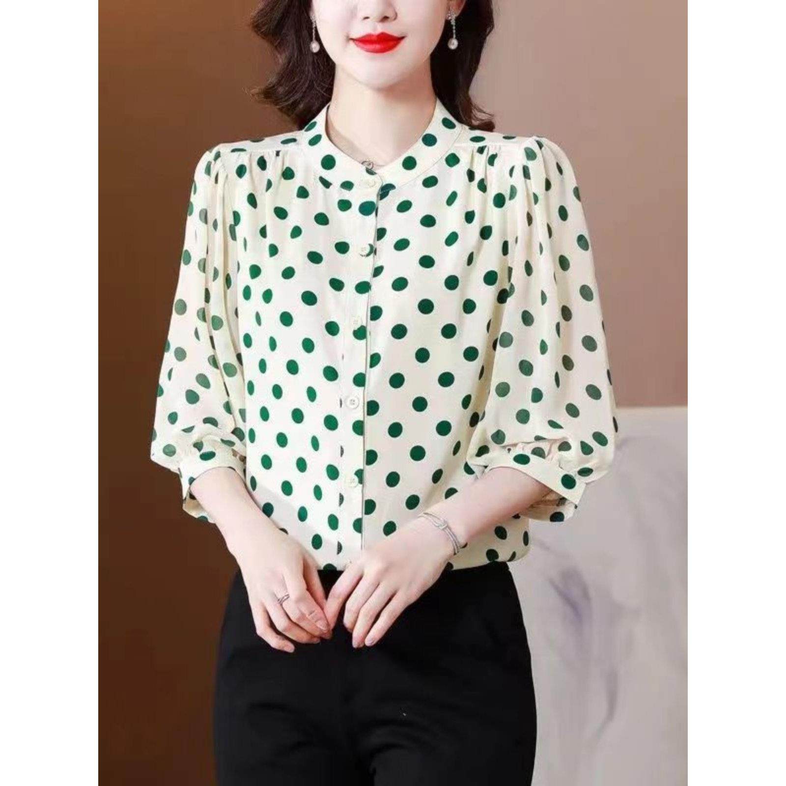 波点上衣女七分袖雪纺衬衫女洋气百搭2026年夏口袋巾季新款时尚减,淘宝优惠券,粉丝福利购,淘宝优惠卷