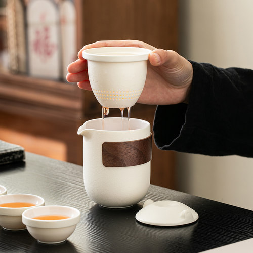 奶油黄便携式旅行茶具小套装简易户外泡茶壶茶杯子随身露营快客杯 - 图0