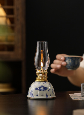 德化陶瓷酥油灯露营茶室氛围灯家居复古手绘青花瓷装饰品小摆件