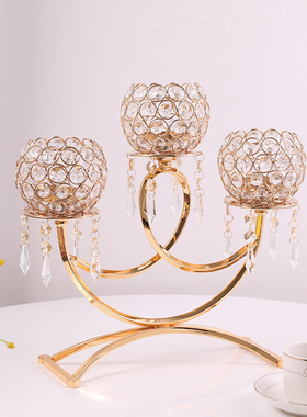 欧式创意三头水晶烛台 烛光晚餐婚庆家居摆件电镀铁艺烛台摆件