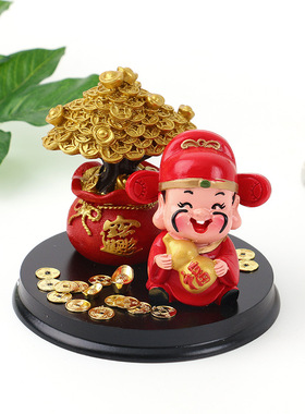 创意卡通新颖树脂工艺品汽车摆件中控台财神爷发财树组合装饰