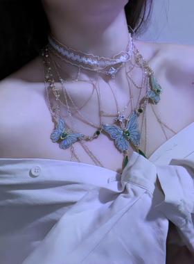 蕾丝绿色蝴蝶流苏项链仙气小众腿环女森系纯欲腿链性感辣妹身体链