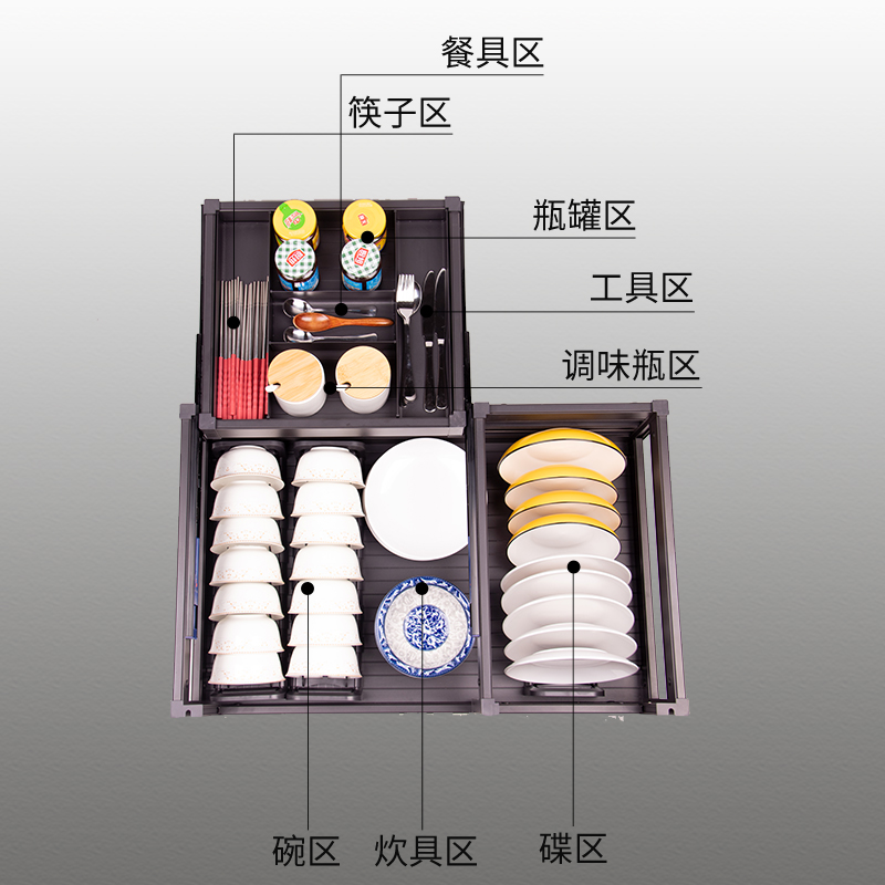 碗篮拉篮抽屉式内置阻尼缓冲碗碟拉篮工具铝合金收纳厨房橱柜双层