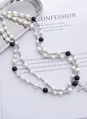 caimou十字架黑白珍珠男小众钛钢