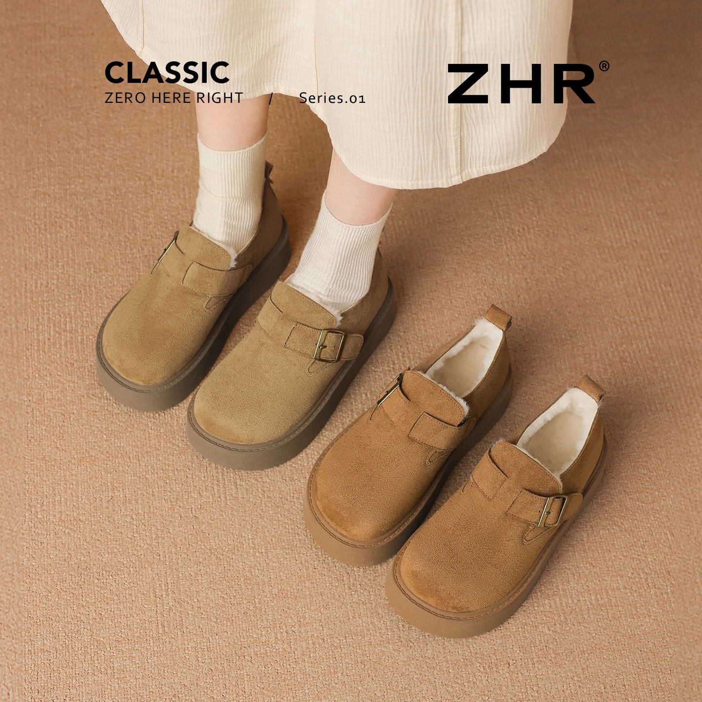 ZHR加绒勃肯鞋女2025冬新款厚底毛毛鞋一脚蹬防水保暖棉鞋雪地靴 - 图1