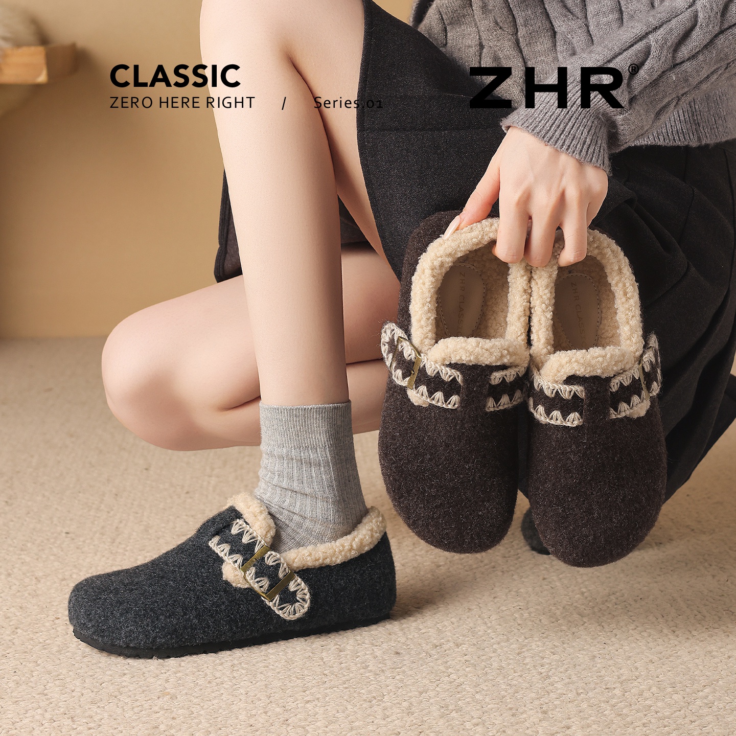 加绒勃肯鞋女2025冬新款复古保暖一脚蹬毛毛棉鞋增高灰色全包单鞋 - 图1