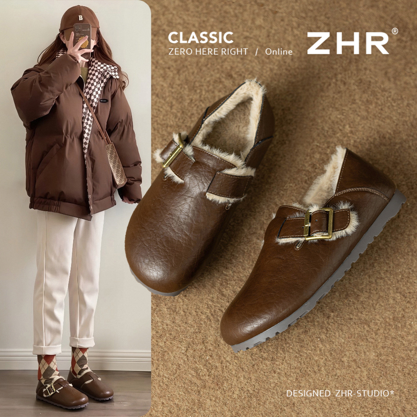 ZHR加绒勃肯鞋女2025冬季新款复古平底保暖毛毛鞋真皮软底一脚蹬,淘宝优惠券,粉丝福利购,淘宝优惠卷