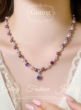 古婷方形锆石吊坠珍珠项链高级感