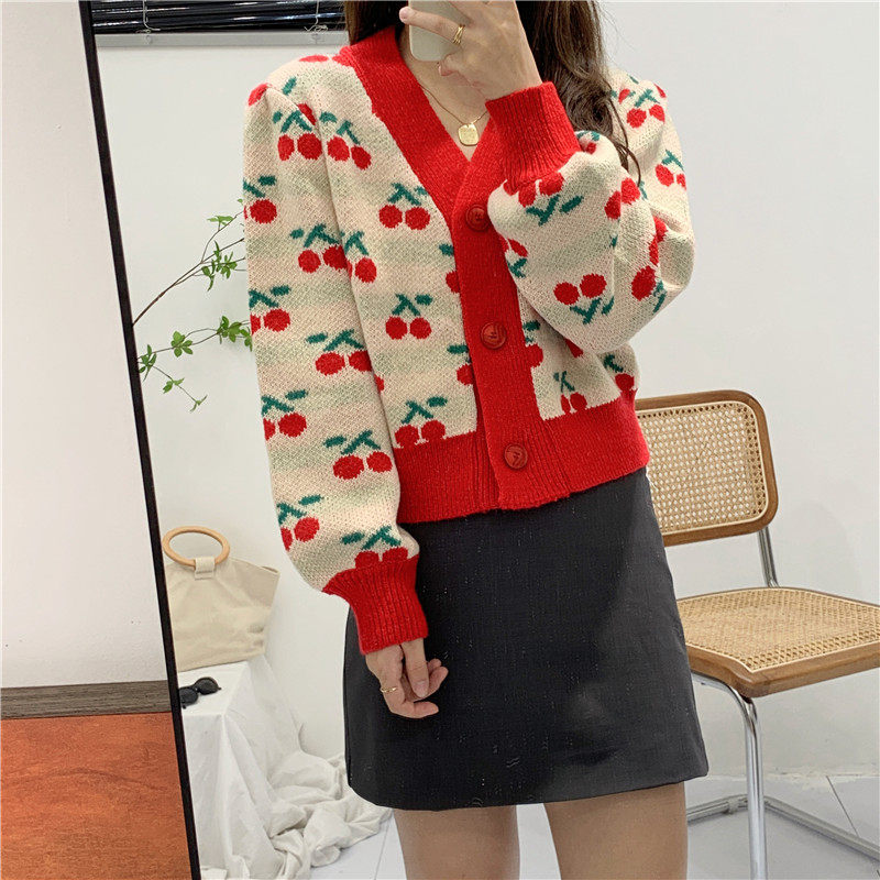 韩版提花小樱桃灯笼袖针织开衫毛衣 黎凡奈毛针织衫