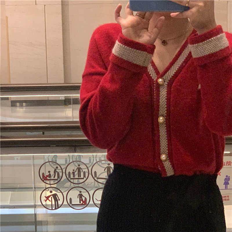 车厘子红色毛衣女外套气质短款开衫 黎凡奈毛针织衫