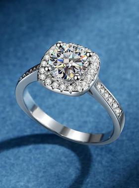 s925纯银女款戒指小方糖方包50分1克拉2ct莫桑石戒指婚戒直播货源