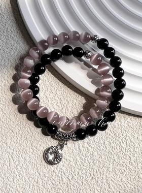 墨胭新中式天然黑曜石猫眼石转运珠能量串珠双圈手链冷门古风手串