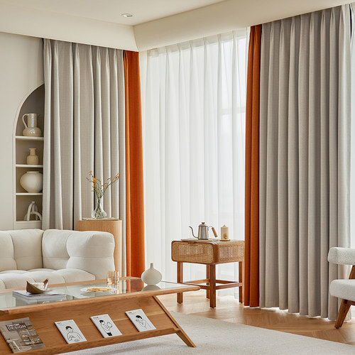 新款加厚雪尼尔拼色遮光挡风隔热隔音客厅卧室落地飘窗日式风窗帘 - 图0