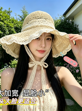 春季防晒大檐草编蝴蝶结遮阳帽