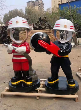 卡通消防员主题人物雕塑玻璃钢仿铜广场户外公仔公园大型摆件