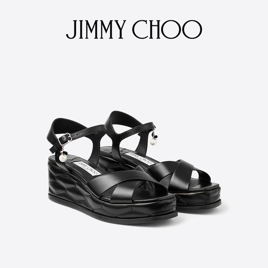 [限时折扣]JIMMY CHOO/ASTRA WEDGE 60 女士珍珠吊饰黑色船跟凉鞋