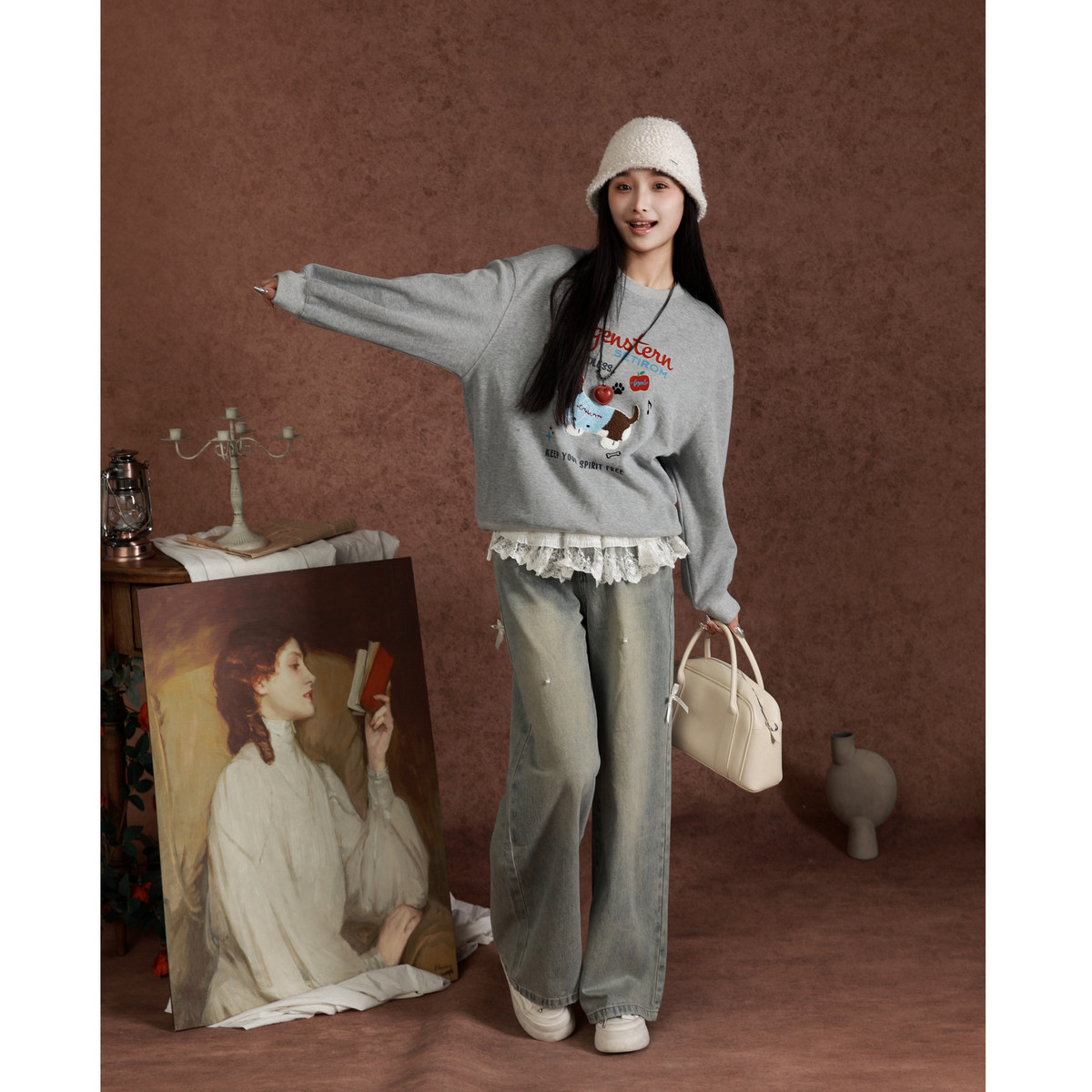 西町村屋趣味小狗毛巾绣花卫衣女春季新款休闲圆领上衣XAAA10146,淘宝优惠券,粉丝福利购,淘宝优惠卷