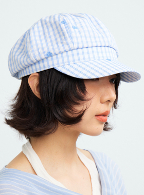 西町村屋夏日村屋甜系八角帽女新款韩系风爱心格纹帽子XHBB60017