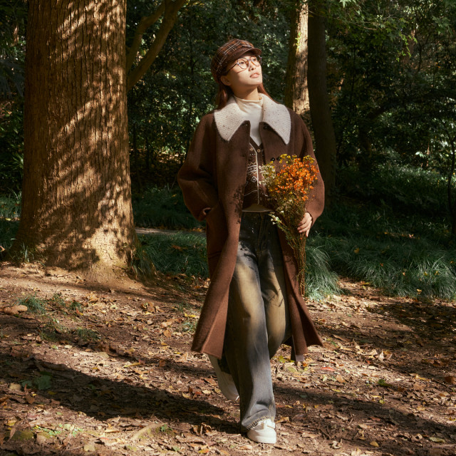 西町村屋气质针织领羊毛大衣女秋冬新款气质长款双面呢XH9D10037