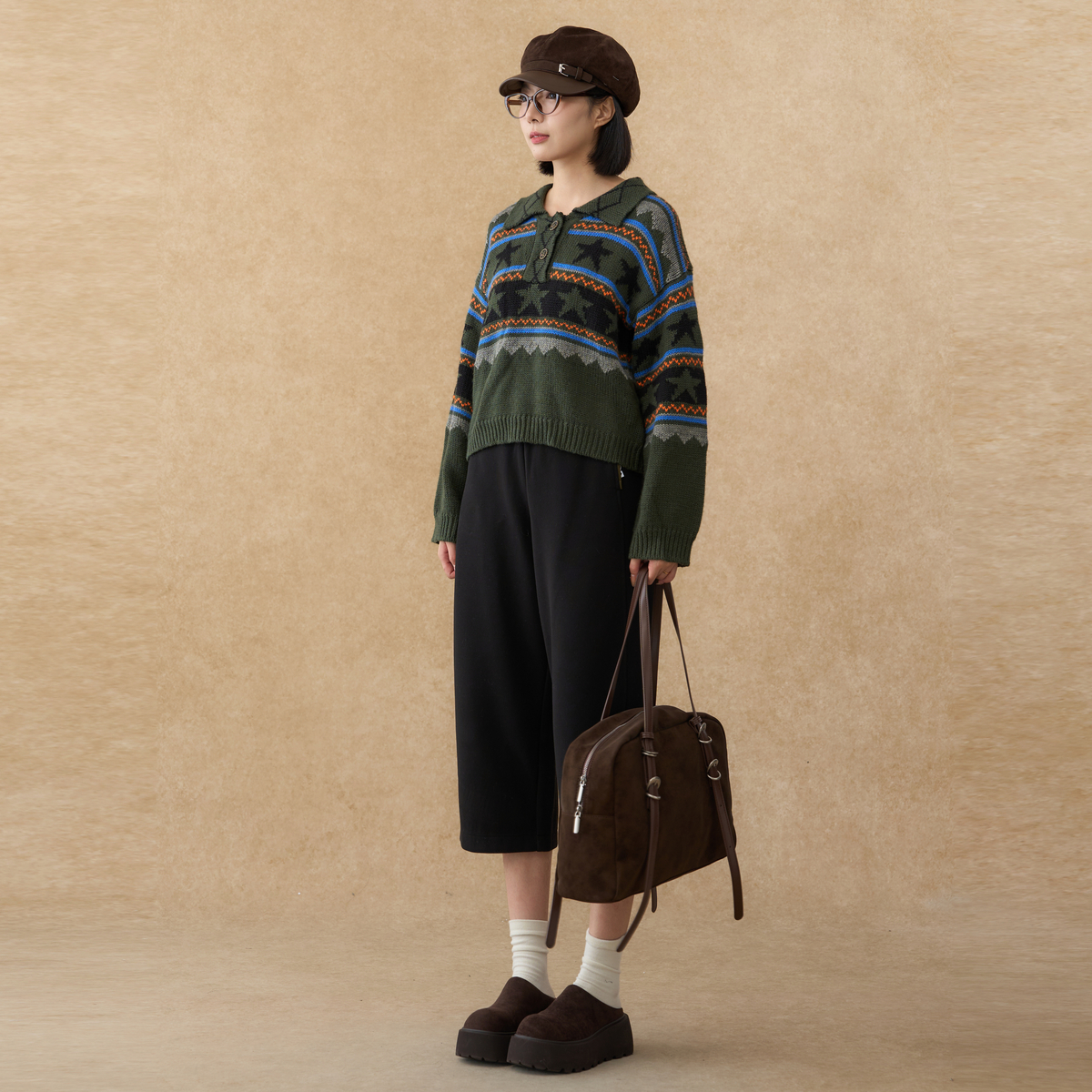 西町村屋复古翻领毛衣女装冬季新款学院感提花百搭上衣AD8104330 - 图2